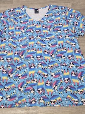 Zoe And Chloe Blue Sloth Rainbow Print Scrub Top